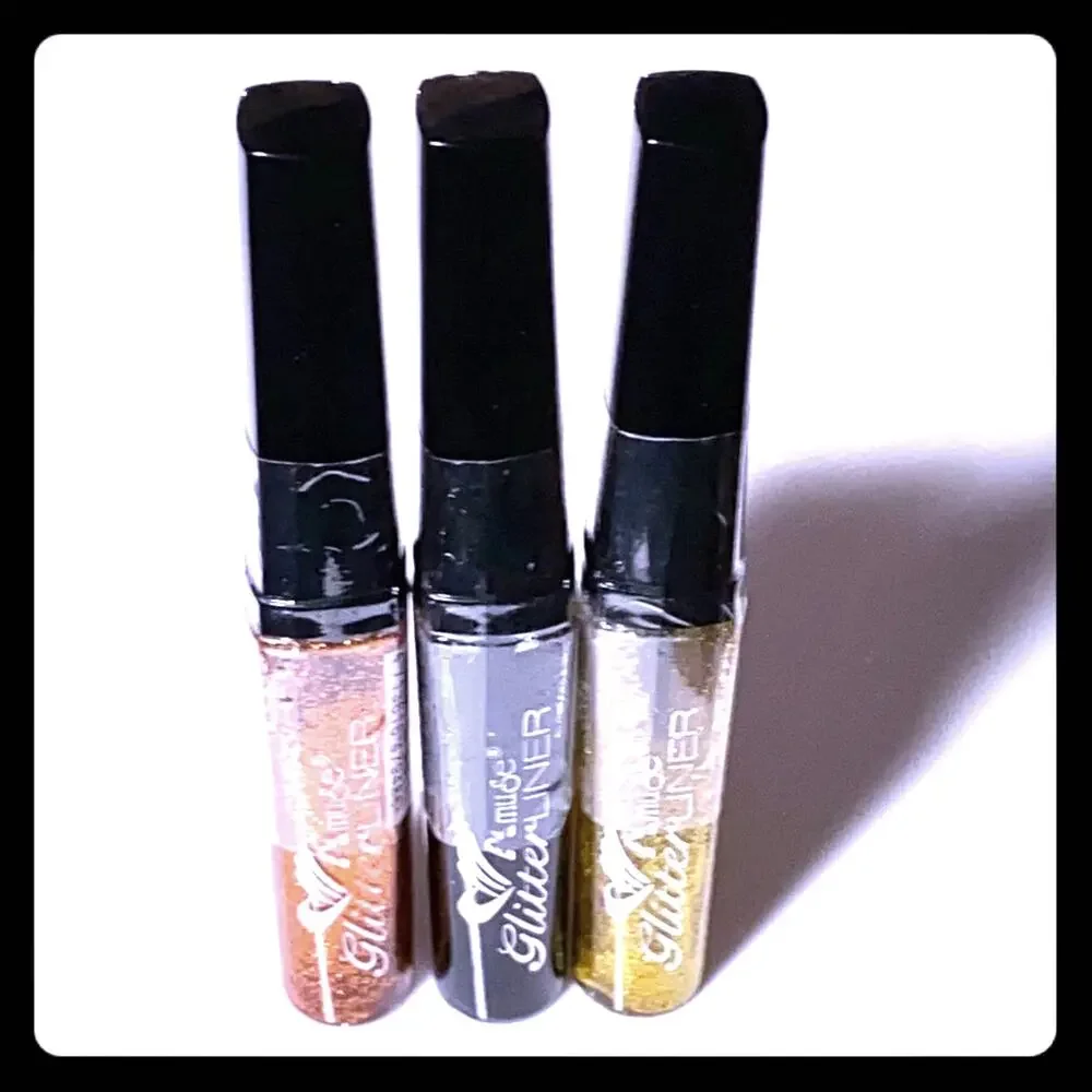 NEW Lot (3) Amuse GLITTER EYELINER Liquid Gold Black Copper Orange Tubes 0.25 Oz